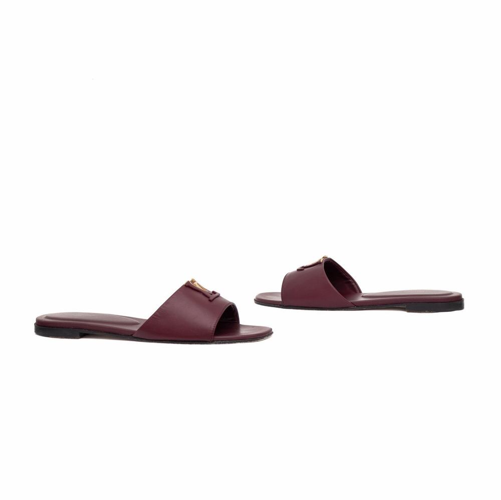 985$ LOUIS VUITTON Burgundy Leather LV Logo Flat Slide Sandals EU 41 US11